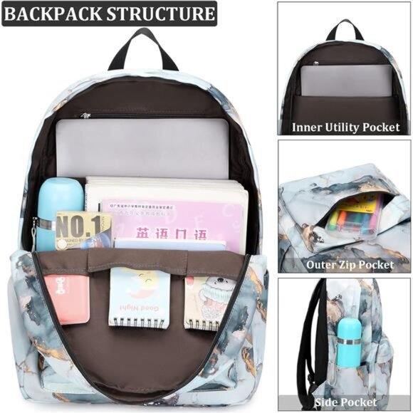 Backpacks for Girls, Marble Girls Backpack with Lunch Box Kids School - Picture 5 of 8